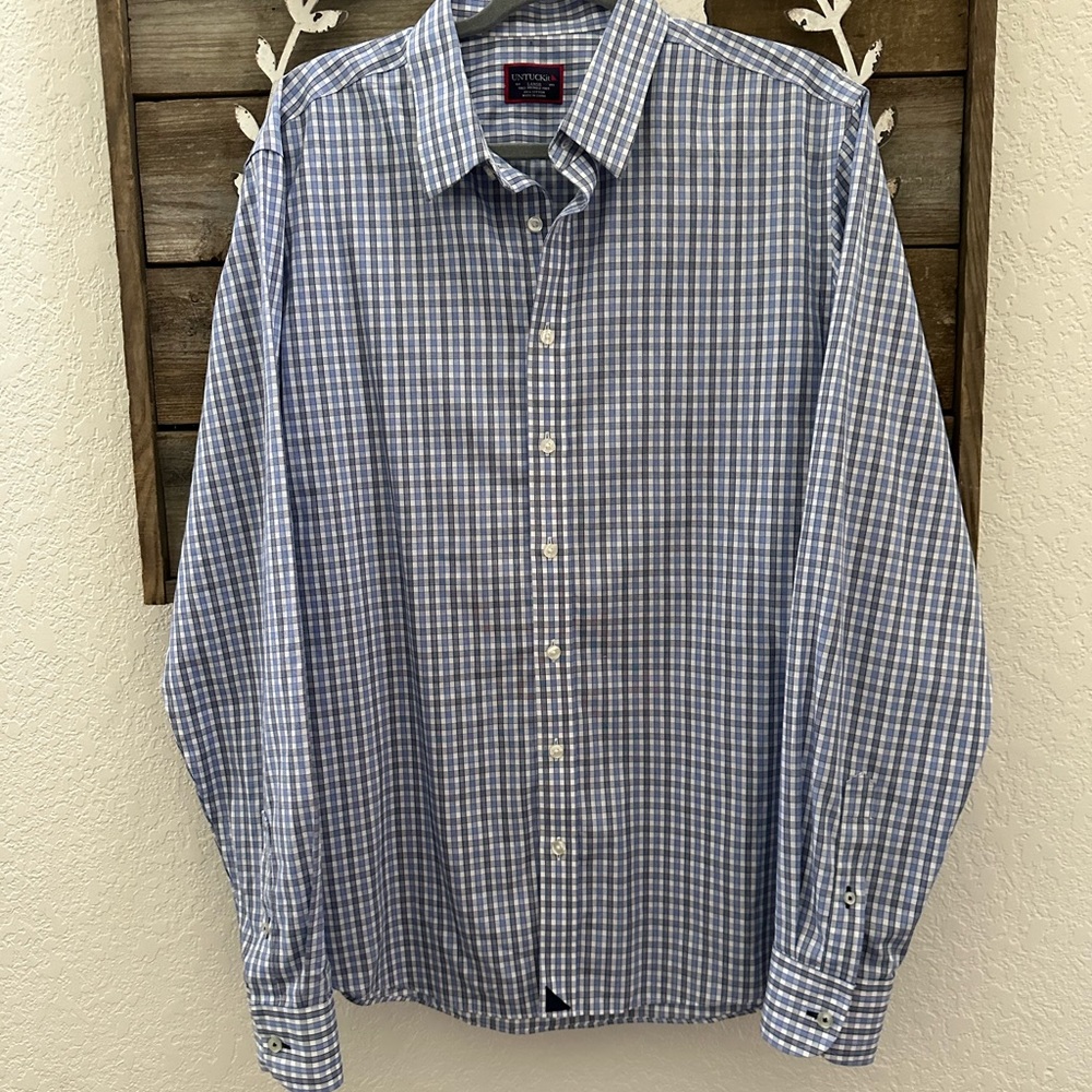 Untuckit Durif blue gingham plaid button down shirt men’s size L Tall
